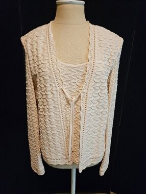 Cream Textured Knit Cardigan and Tank Set